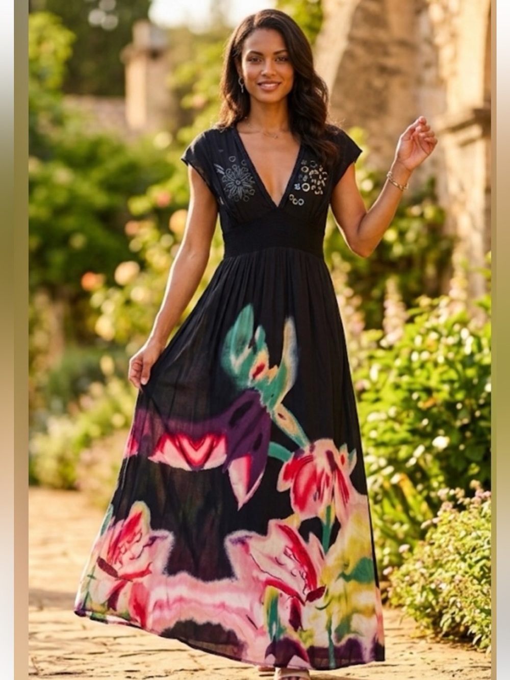 Desigual size 40 Black Floral Maxi Dress with sequins and embroidery